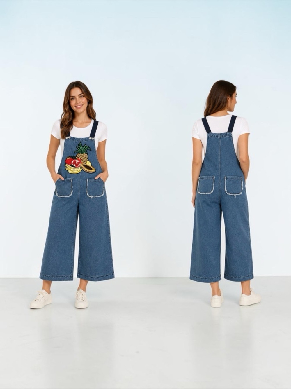Denim Wide Leg Fruit Embroidered Overalls Adjustable‎ Straps Boho Artsy Size S